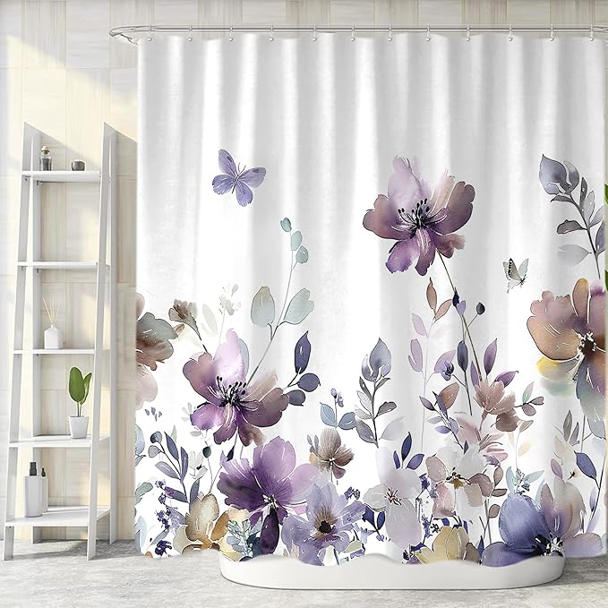 Sanzugh Purple Floral Shower Curtain, Cute Boho Watercolor Flower Wildflower Leaves Butterfly White Fabric Shower Curtains Set for Bathroom Decorative with Hooks 72 X 78 inch Spring Bath Decor