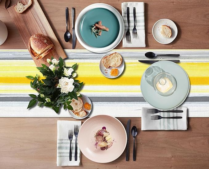 Emvency Yellow Abstract Table Runner, Modern Grey White Striped Dining Decor for Kitchen Coffee Table Family Dinners Holiday Parties Wedding Events Decor(13x72 inch)