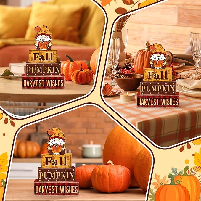 4 Pcs Fall Decorations for Home Thanksgiving Gnome Tiered Tray Decor, Fall Table Decor Farmhouse Rustic Wooden Gnome Pumpkin Block Sign Autumn Tabletop Centerpieces for Home Kitchen Indoor