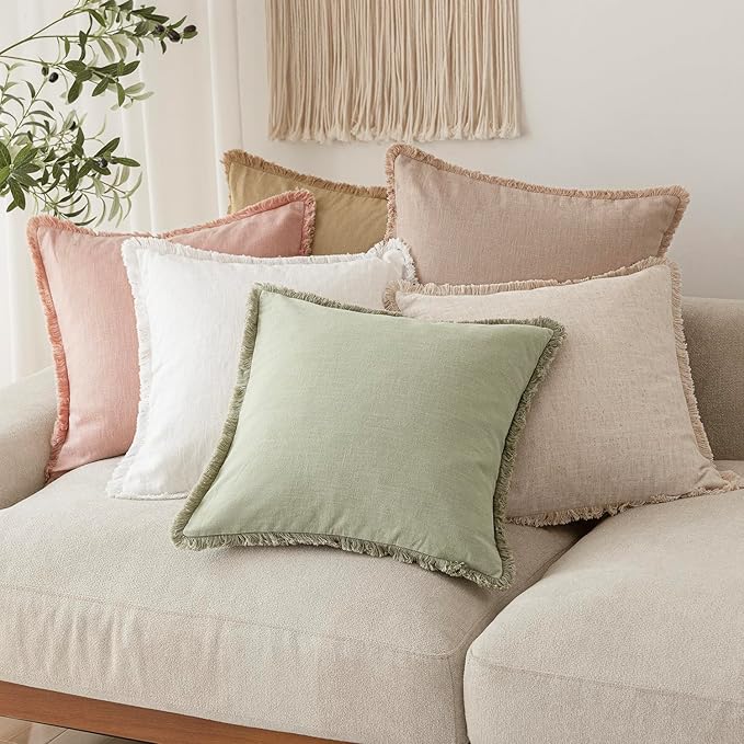 Foindtower Set of 2 Decorative Linen Fringe Throw Pillow Covers Cozy Boho Farmhouse Cushion Cover with Tassels Accent Pillowcase for Couch Sofa Bed Living Room Home Decor,26×26 Inch,Light Sage Green