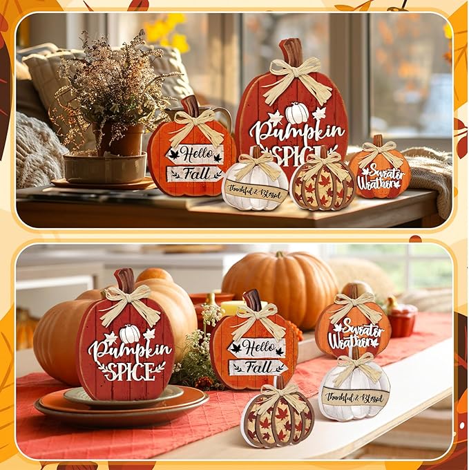 5 Pcs Fall Pumpkin Decor for Home Thanksgiving Wooden Table Centerpiece Decorations Fall Wooden Pumpkin Spice Signs for Autumn Farmhouse Kitchen Mantle Tabletop Supplies