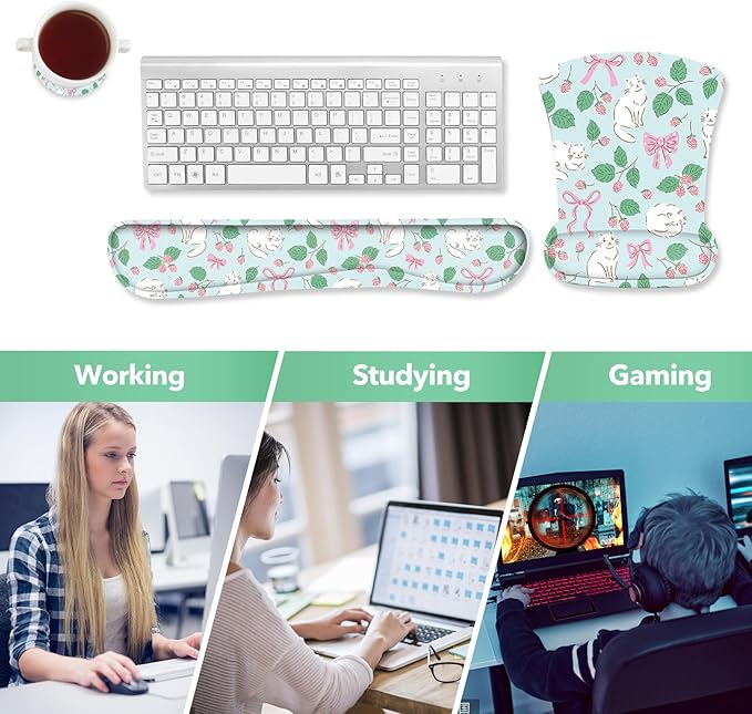 AIMSA Ergonomic Keyboard Wrist Rest and Mouse Pad with Wrist Support, Cute Memory Foam Mousepad Set for Computer, Laptop, Gaming and Office, Easy Typing, Pain Relief,Pink Bows