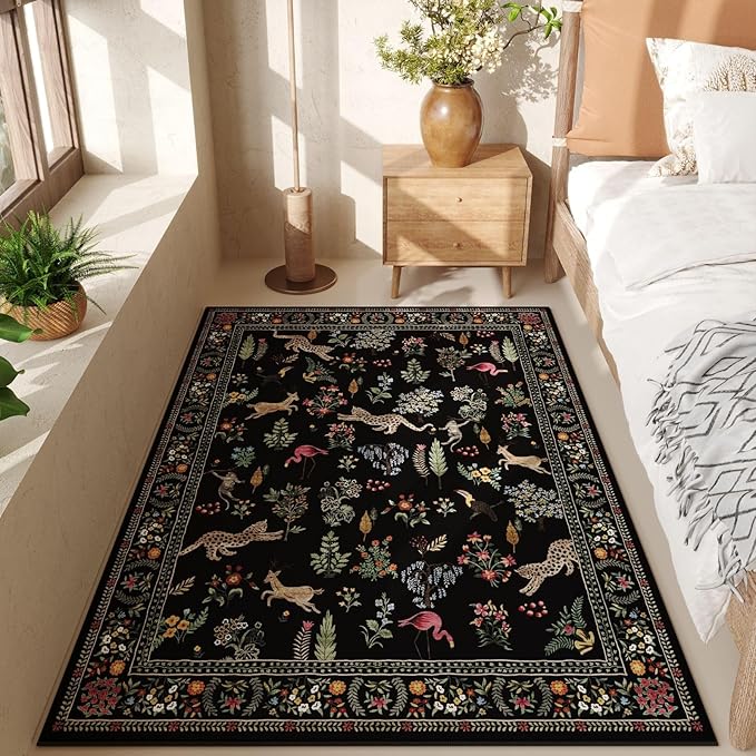Rugcomf Area Rug 4x6 Rug Washable Boho Rugs Non Slip Low Pile Floral Animal Small Carpet for Bedroom, Bedside, Kids Room, Office, Dining Room (Black)