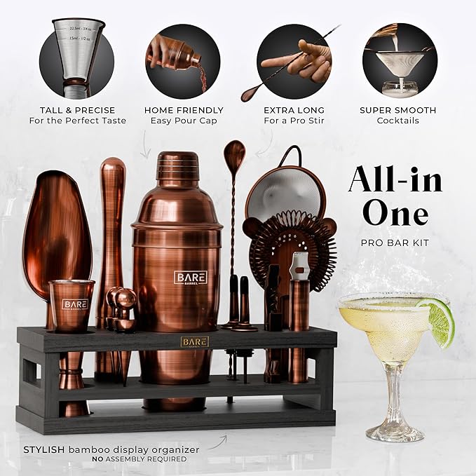 BARE BARREL® Mixology Bartender Kit Bar Set | 16-Piece Cocktail Shaker Set | Martini Barware Mixing Tools for Home Bartending | Incl. 35 Recipe Cards | Gift Set (24oz Cobbler Shaker, Copper/Black)
