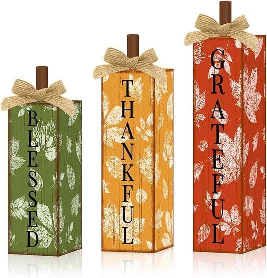 3 Pcs Thanksgiving Table Decor Fall Decorations for Home Wooden Tiered Tray Decor, Colorful Blessed Thankful Grateful Farmhouse Tabletop Centerpieces for Home Office and Kitchen Indoor