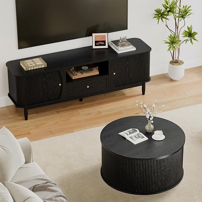 Lift Top Coffee Table, Fluted Round Coffee Table with Storage, Farmhouse Center Dining Table Circle Table for Living Room, Apartment, Home Office (Black)