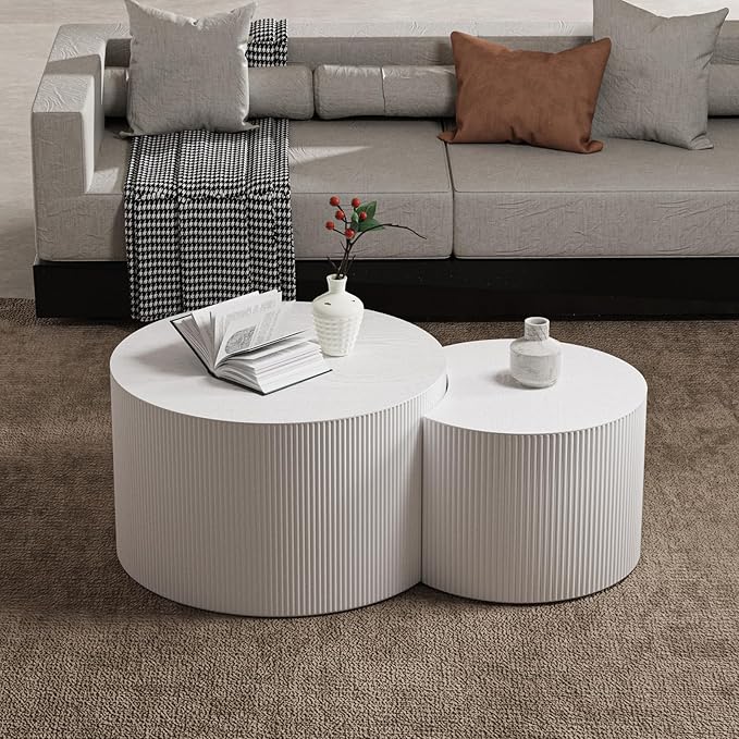 Nesting Coffee Table Set of 2 Modern Round Coffee Table with Non-Slip Feet Wood Drum Circle Accent Tables End Table Set for Living Room Bedroom Office (White Crescent Set)