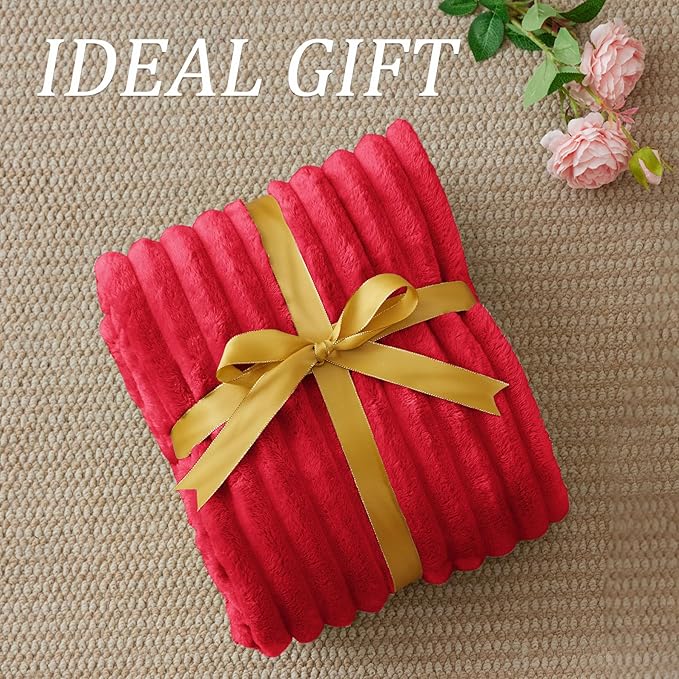 BEDELITE Fleece Throw Blanket for Couch, 300GSM Soft & Warm Fluffy Queen Blanket, Decorative and Giftable Striped Red Blankets for Women, Men, 50"x60"