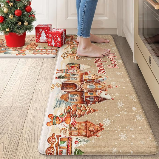 Merry Christmas Kitchen Mats for Floor, Xmas Gingerbread House Cushioned Anti Fatigue Kitchen Rugs 2 Piece, Non Slip Comfort Standing Rug Waterproof Sink Mat for Desk Laundry Office, Light Khaki