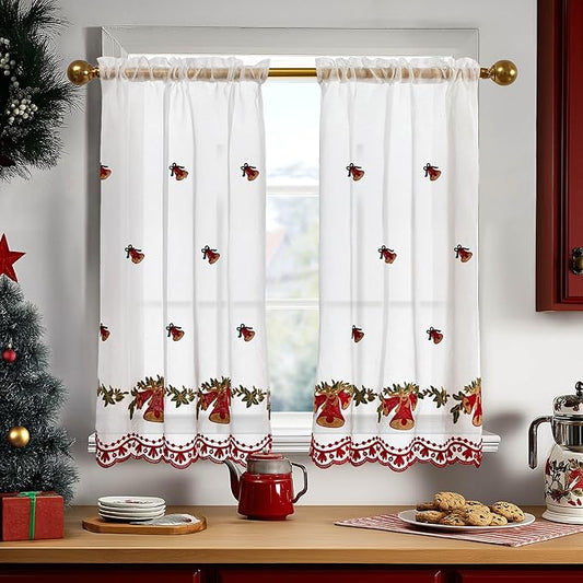 Deconovo Christmas Kitchen Tier Curtains, Embroidered Cafe Tiers, Semi Sheer Window Treatment with Rod Pocket, Light Filtering for Small Windows, Door & Sink Areas, 28W x 36L, Golden Bell, 2 Panels