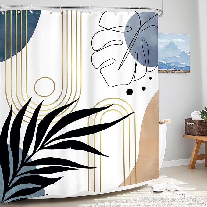 Glawry Abstract Tropical Shower Curtain Chic Boho Plant Palm Leaf Watercolor Blue Simple Minimalist Bathroom Modern Botanical 60Wx72L Inches Bath Accessories Art Home Decor Fabric with Hooks