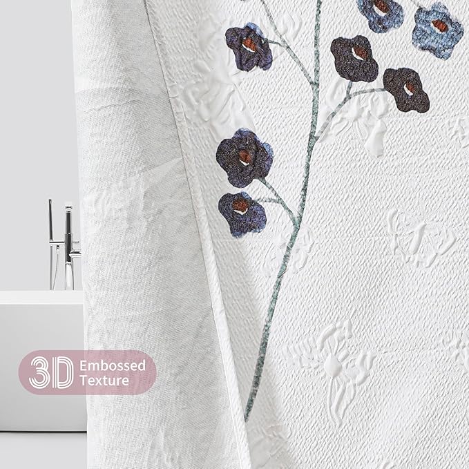 QiyI Floral Shower Curtain, 3D Embossed Butterflies Watercolor Wildflower Bathroom Curtain, Minimalist White Cloth Bath Curtains, Waterproof Fabric Textured Shower Curtain Set with Hooks, 72x72