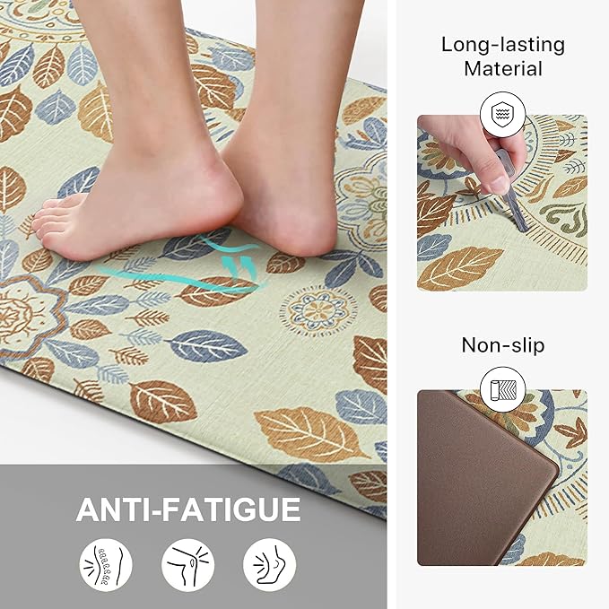 GENIMO Kitchen Mats for Floor 2PCS, Washable Cushioned Kitchen Rugs Non Slip, Farmhouse Anti Fatigue Mat Waterproof, Comfort Standing Mat Rug for Home, Laundry, Office, 17.3"x47"+17.3"x30", Beige&Blue