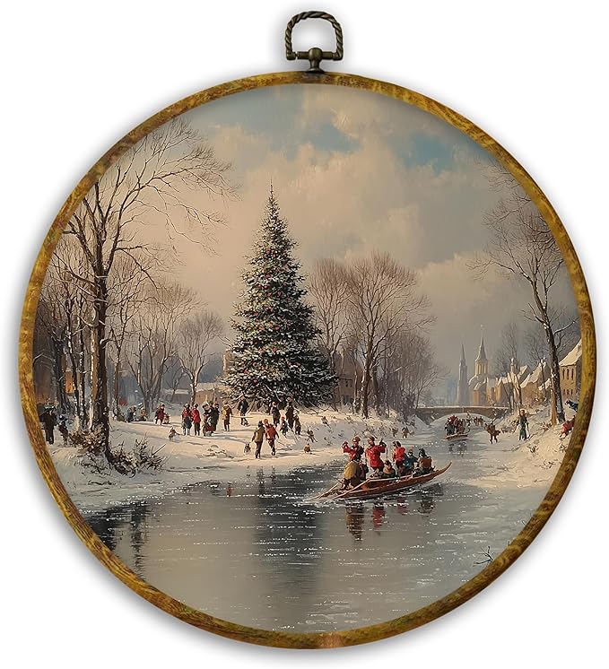 CUANFDDSF Rustic Christmas Winter Round Wall Art, Christmas Winter Scene Framed Hanging Wall Decor, Farmhouse Cozy Xmas Holiday Canvas Prints Decorations for Home Bedroom Living Room, 10x10 Inch