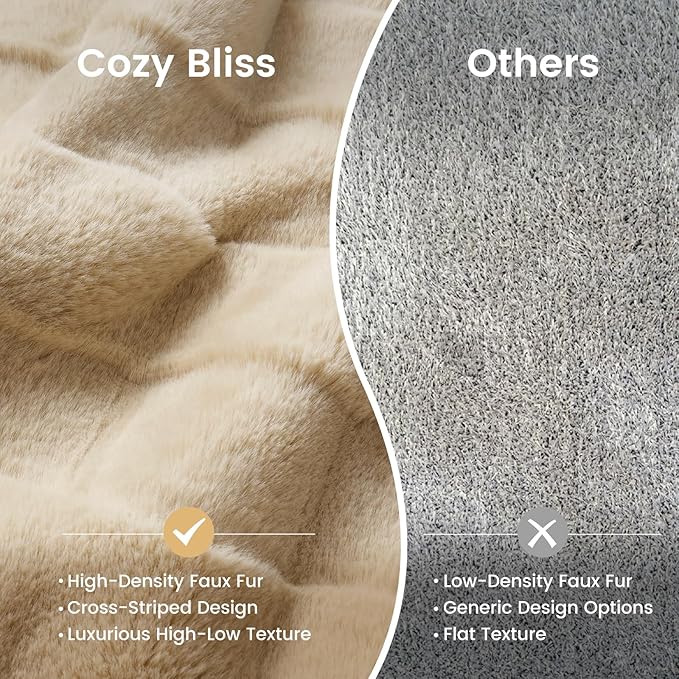 Cozy Bliss Fluffy Faux Fur Blanket Queen Size for Bed, Fuzzy Soft Striped Plush Blanket, Thick Throw for Bedroom Couch Gift, 90x90 Inches Beige
