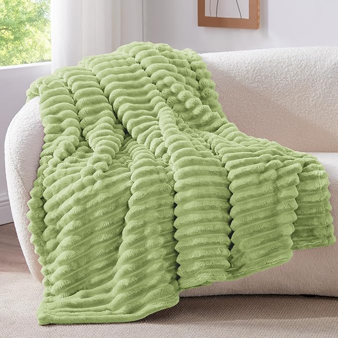 BEDELITE Twin Blanket for Couch & Bed, 300GSM Soft & Warm Fleece Blanket, Decorative and Giftable Striped Grass Green Blankets for Women, Men, 60"x80"