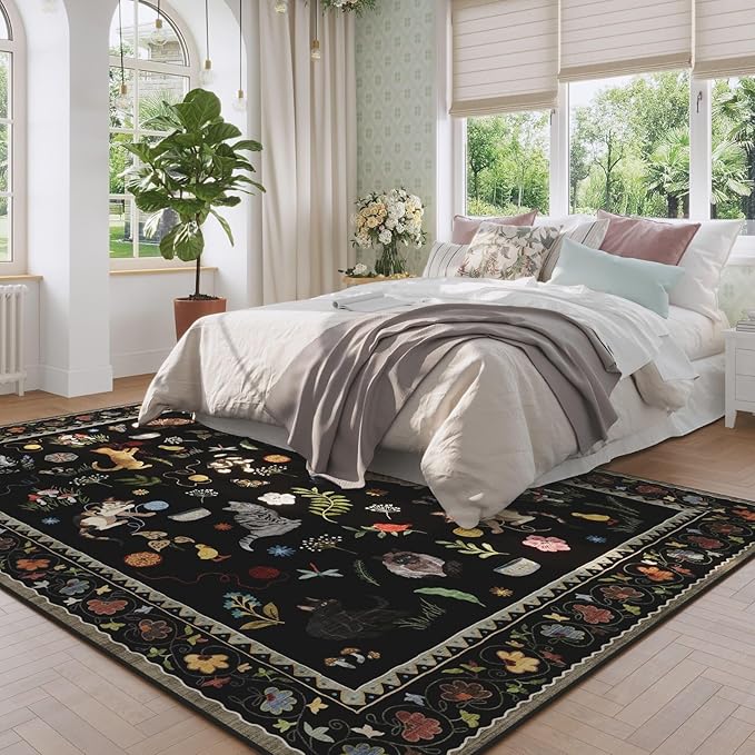 Rugcomf Living Room Rug 5x7 Rug Machine Washable Boho Area Rug Non Slip Floral Animal Cat Vintage Low Pile Large Rugs for Living Room Bedroom Farmhouse Dining Room Kids Playroom, Black