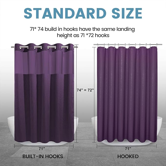 Purple Hotel Style Shower Curtain with Snap in Liner - 230GSM Waffle Textured,Hotel Grade,Spa Like Bath Curtain,71W x 74H