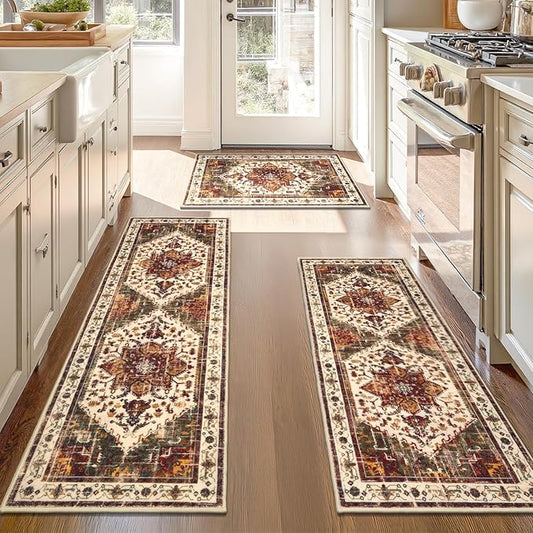 Yamaziot Boho Washable Kitchen Rugs Sets of 3, Non Slip Kitchen Mats for Floor with Rubber Backing, Waterproof & Stain Resistant Thick Carpet Runner Throw Rug for Kitchen, Laundry Room, Hallway