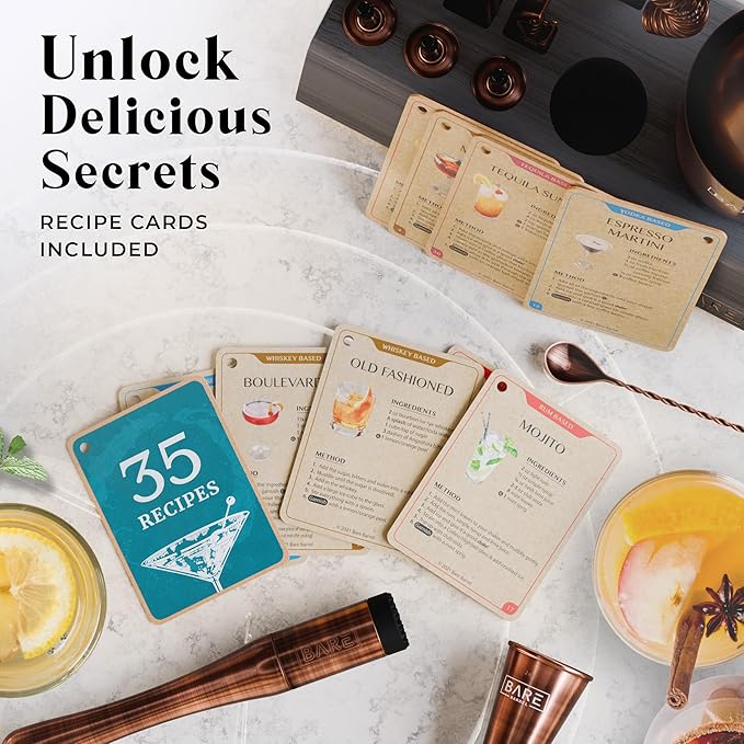 BARE BARREL® Mixology Bartender Kit Bar Set | 14-Piece Cocktail Shaker Set | Martini Barware Mixing Tools for Home Bartending | Incl. 35 Recipe Cards | Gift Set (28oz Boston Shaker, Copper/Black)