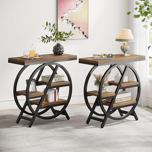 Tribesigns End Table Set of 2, 3-Tier Narrow Sofa Side Table with Storage for Living Room, Wood End Table with Geometric Metal Frame, Industrial Nightstand and Bedside Table for Bedroom, Light Brown