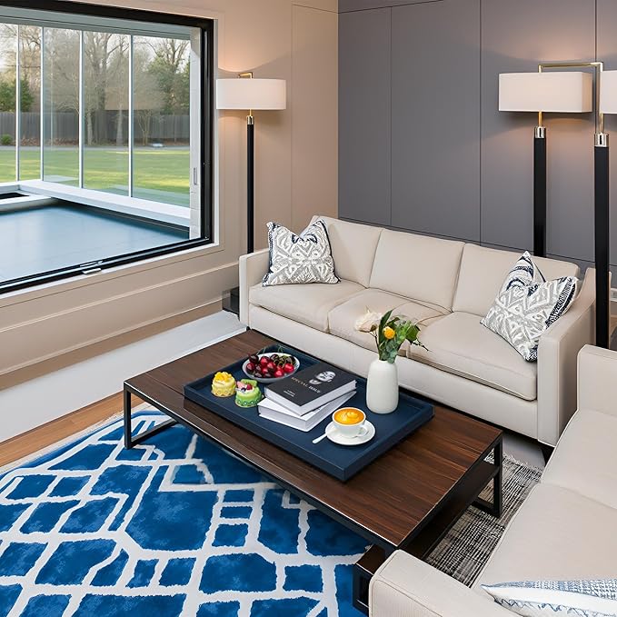 25 * 15 Inch Rectangular Ottoman Tray | Textured PU Leather, Waterproof & Heat-Resistant Storage for Coffee/Dining Tables, Sofa, Bed, Entertainment & Party (Navy Blue, 25 * 15in)