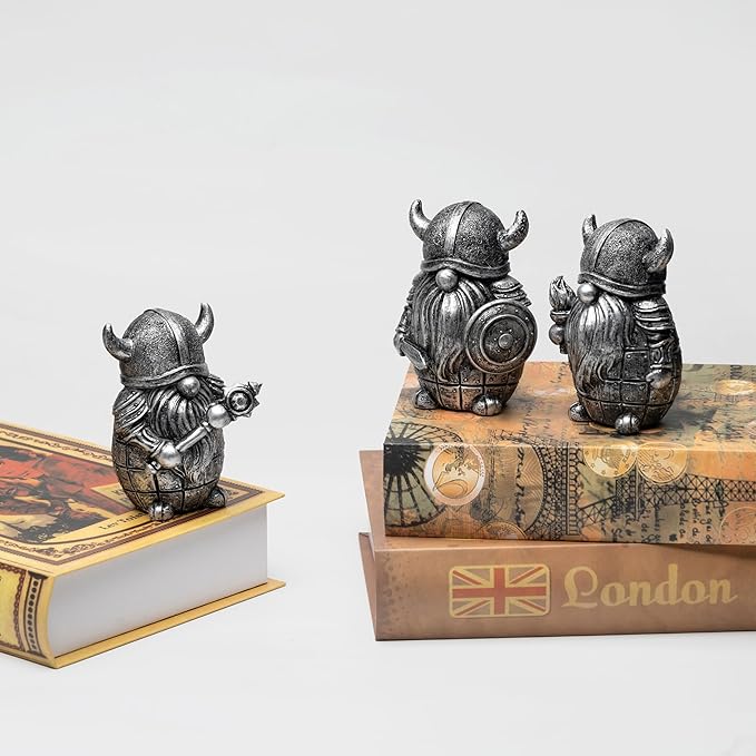 3PCS Viking Warrior Gnome Figurines Set-Viking Decor Home Ornament Mini Gnomes for Table,Shelves,Cabinet (Silver)