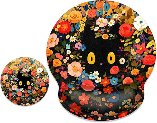 ITNRSIIET Ergonomic Mouse Pad with Wrist Support Wrist Rest Smooth Surface Non-Slip Rubber Base Comfortable Office Supplies Pain Relief, 9.8 x 9.1 inches, Flower Cat