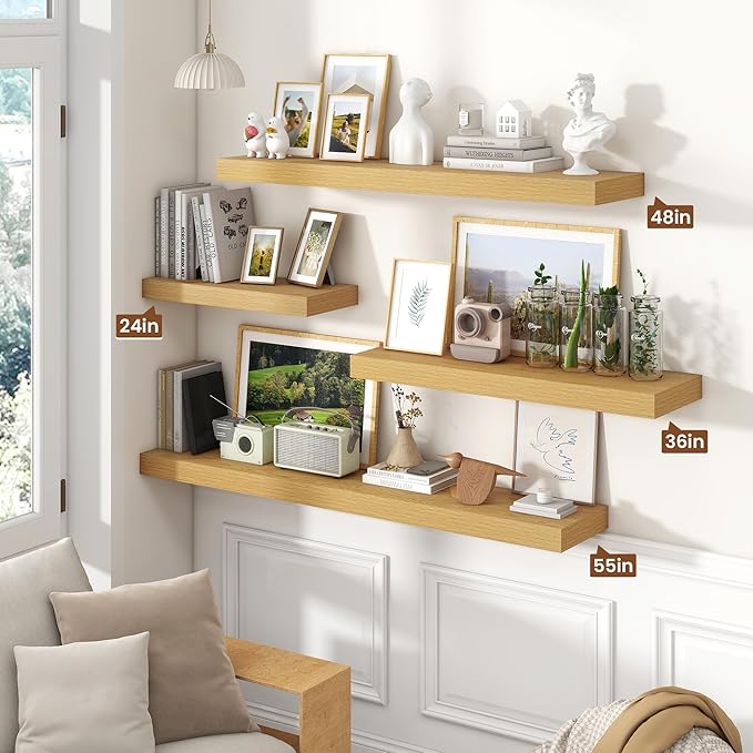 Heimlove 48" Floating Shelves for Wall,10 Deep Rustic Wood Storage Wall Shelves with Heavy Duty Brackets for Bathroom,Bedroom,Kitchen,Living Room,Office,Oak Color