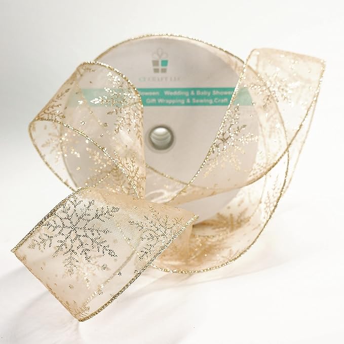 CT CRAFT LLC Organza with Champagne Gold Glitter Snowflakes Wired Ribbon 2.5 inch x 50 Yards for Christmas Home Decor Tree Topper Bow Gift Wrapping DIY Crafts Wreath Garland Wedding