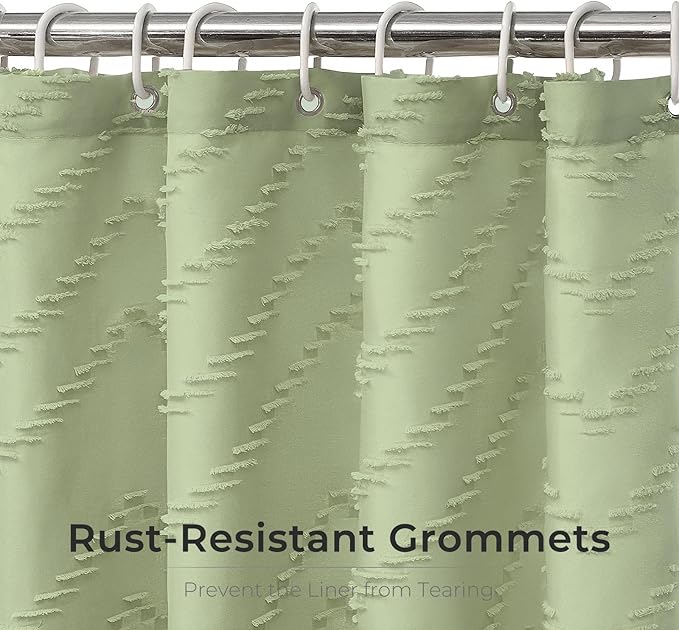 Green Boho Shower Curtain - 72 x 84, Tufted Chevron Textured Striped Fabric, Modern Minimalist for Bathroom