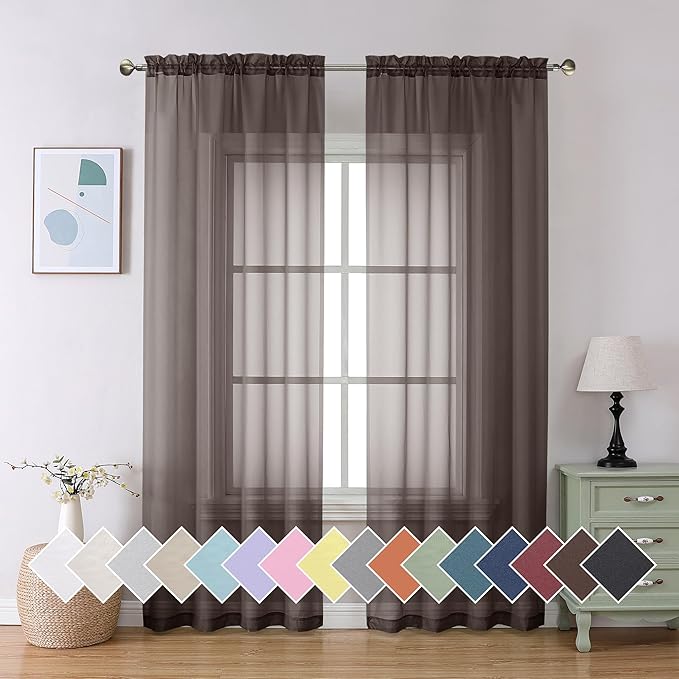 Aiyufeng Chocolate Brown Sheer Curtains 84 Inches Long 2 Panels, Solid Voile Rod Pockets Stylish Breathable Drapes Window Treatment for Kid's Room/Bedroom/Living Room, 40W x 84L, Chocolate Brown
