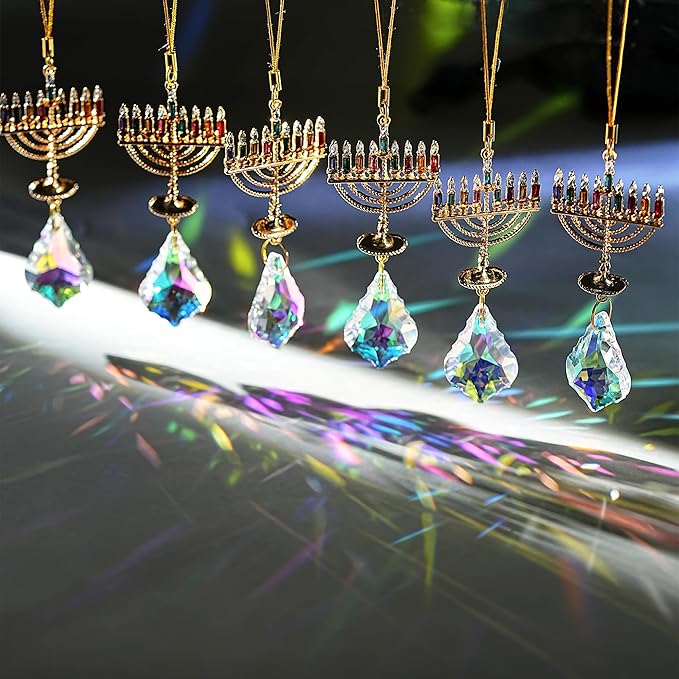 6 PCS Hanukkah Menorah Hanging Ornaments, Crystal Suncatchers for Christmas Tree, Halloween & Hanukkah Decor, Window Suncatchers & Gift