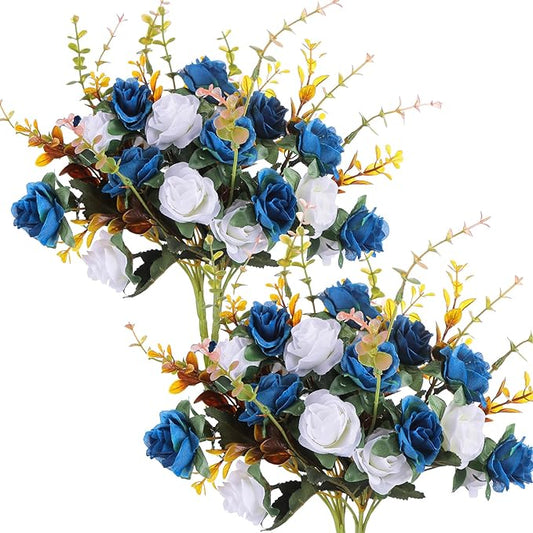 4 Bunches of Artificial Roses.。48 Small Roses，Plastic Silk Flower, Suitable for Plant Decoration of Family Hotel Wedding Christmas Office Table.（Dark Blue）…