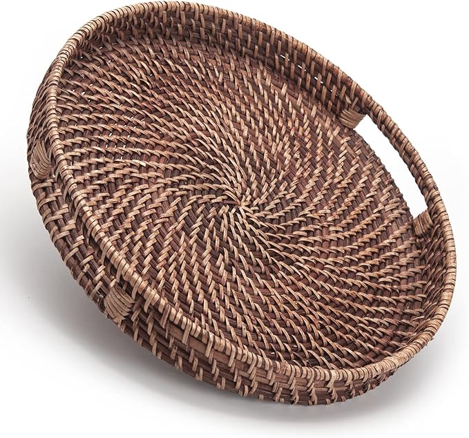 Round Rattan Woven Serving Tray with Handles Ottoman Tray for Breakfast, Drinks, Snack for Coffee Table, Home Decorative (11"x1.6", Honey Brown)