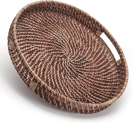Round Rattan Woven Serving Tray with Handles Ottoman Tray for Breakfast, Drinks, Snack for Coffee Table, Home Decorative (11"x1.6", Honey Brown)