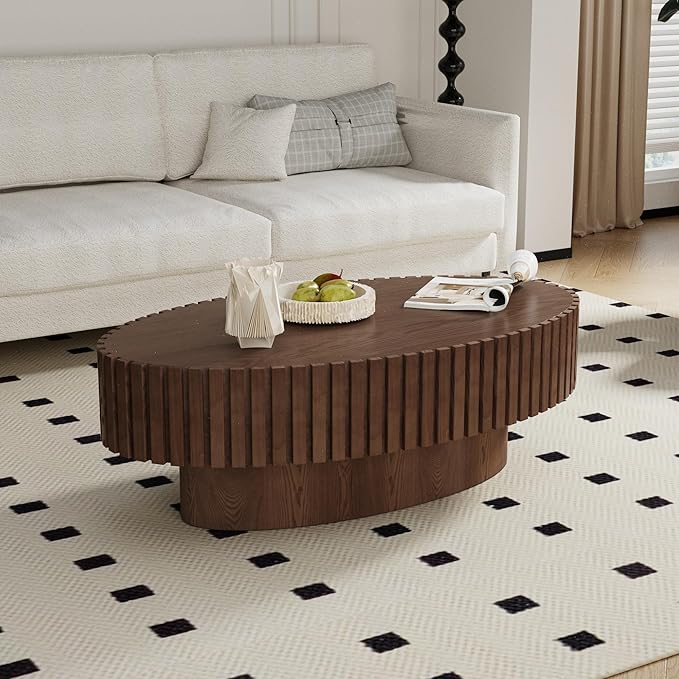 Modern Wood Oval Coffee Table - Handcraft Drum Coffee Tables with Sturdy Base, Easy Assembly, Contemporary Style Small Coffee Table Tea Table for Living Room, Bedroom, Office (Brown Oval)