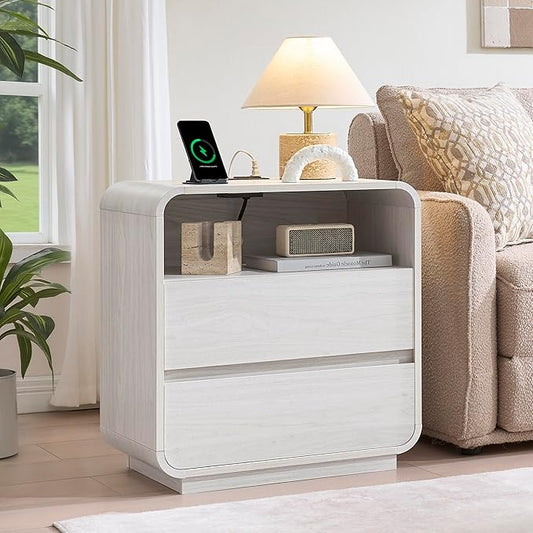 Farmhouse White Nightstand with Charging Station, 25" Tall Wood Bedside Table, Modern Night Stand with 2 Storage Drawers, Curved Profile, End Table for Bedroom, Dorm, Sofa, Office