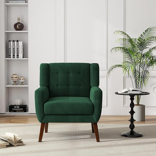 UIXE Accent Chair, Velvet Upholstered Armchair for Living Room, Modern Club Arm Chairs Comfy Single Sofa Button Tufted Bedroom Reading Seat - Retro Green, Set of 1