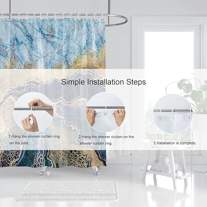 Marble Shower Curtain, Blue Marble Shower Curtain Set, Abstract Navy Blue Gold Glitter Veins Texture Marble Shower Curtains for Bathroom, Waterproof Fabric with 12 Hooks, 72 x 72 inches