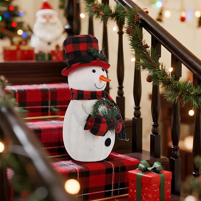 Christmas Lighted Snowman, 12" Snowman with Wreath Christmas Table Decorations, Red Black Plaid Snowman Xmas Decor for Home Kitchen Holiday Party