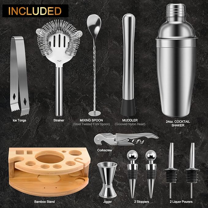 12 Piece 25oz Cocktail Shaker Set Bartender Kit with Stand, Professional Stainless Steel Bar Tool Set, Bar Set ，Home Mixology Tool Sets，Cocktail Recipes Booklet ，Silver