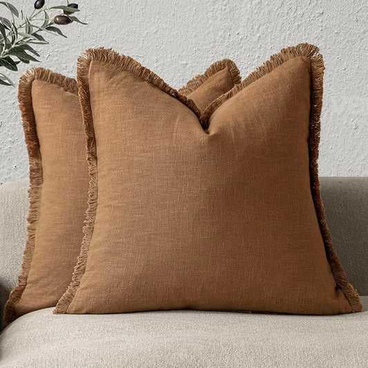 Foindtower Set of 2 Decorative Linen Fringe Throw Pillow Covers Boho Farmhouse Cushion Cover with Tassels Soft Accent Pillowcase for Couch Sofa Bed Living Room Home Decor,20×20 Inch,Orange Brown