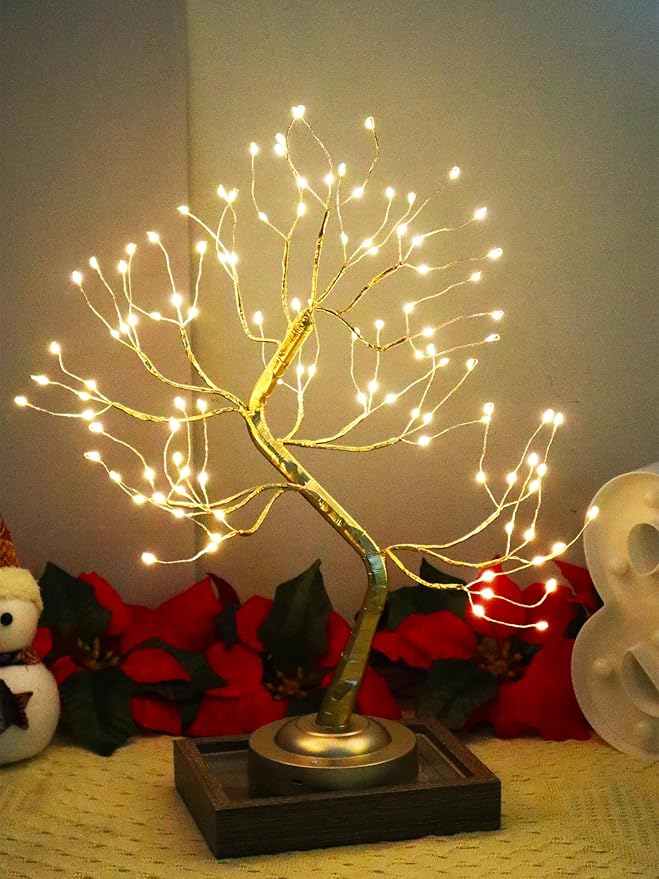 FUCHSUN 108 LED Tabletop Tree Light, Lighted Bonsai Fairy Twinkle Tree Lamp with 8 Lighting Modes & Timer, Home Bedroom Living Room Christmas Decoration, Battery/USB Powered (Golden Branches)