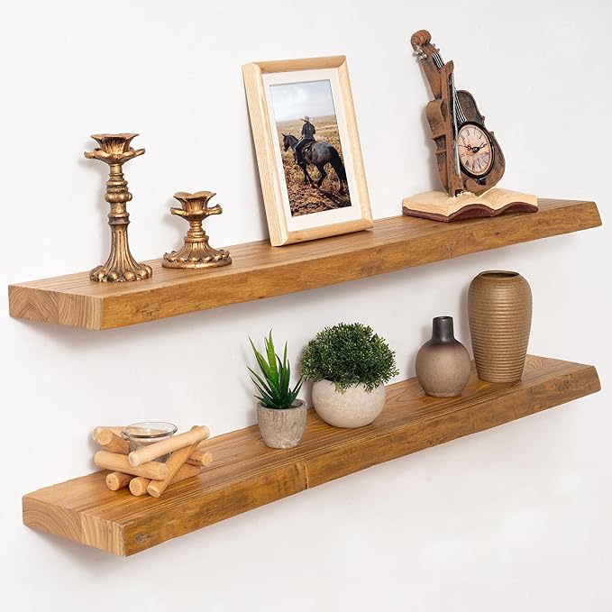Marsmiles 36 inch Floating Shelves for Wall Elm Wood Live Edge Shelves|Rustic Wall Shelves with Invisible Heavy-Duty Bracket for Bathroom Living Room Kitchen|Natural, 2 Pack