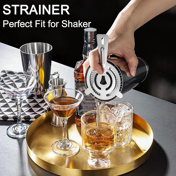 WOTOR Boston Cocktail Shaker Set, 18 oz & 28 oz Stainless Steel Weighted Shaker Tins, Strainer, Double Measuring Jigger, Professional Bar Tools for Bartender (Silver)