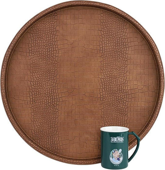HofferRuffer Round Serving Tray 20'', Elegant Faux Leather Circle Ottoman Table Tray, Serve Tea Coffee Breakfast in Bedroom Living Room Kitchen (Brown)