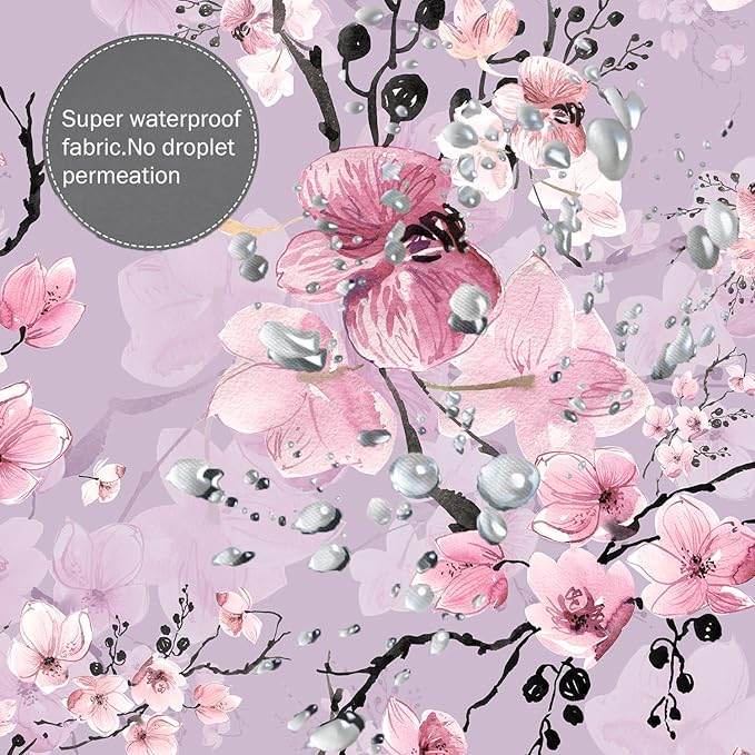 Domoku Pink Cherry Blossom Shower Curtain, Japanese Watercolor Flower Decoration Set, Easy Care Waterproof Machine Washed Durable Polyester Fabric, 72" x72"