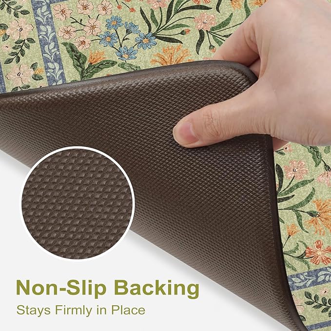 Collive Green Kitchen Mats for Floor, Cushioned Anti Fatigue Mat Non Skid Waterproof Kitchen Rugs Set of 2, Beige Vintage Comfort Standing Desk Rug for Office, Sink, Laundry, 17"x30"+17"x59"