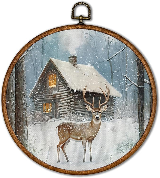KSDUT Winter Wall Decor Art - Christmas Xmas Woodland Wall Art Canvas Frame Hanging Prints, Vintage Pine Tree Deer Holiday Landscape Round Wall Art Decor for Home Bedroom Decorations 10"x10"